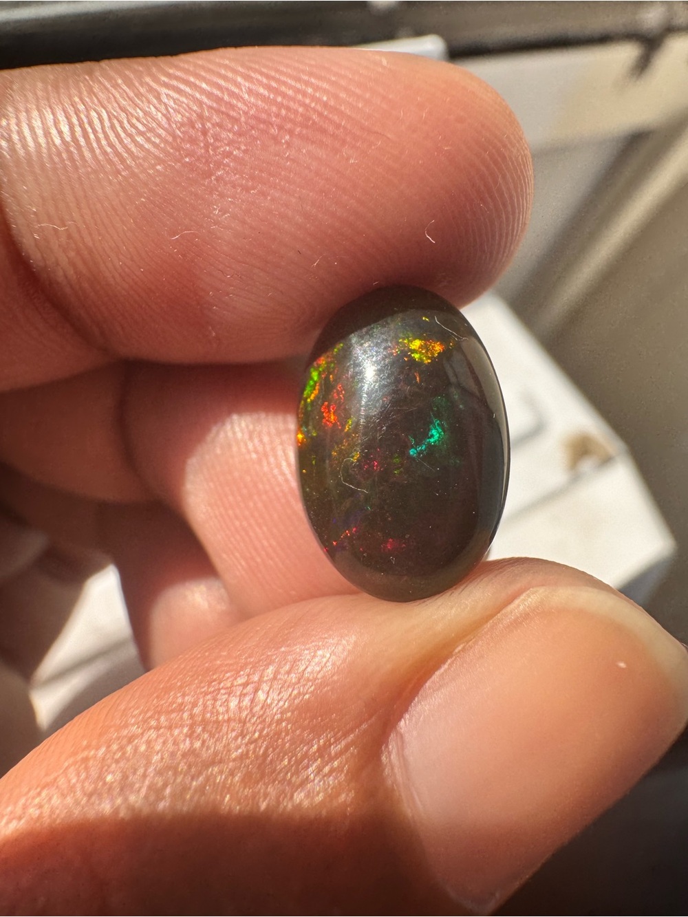 Black Opal Gemstone Cabochon - Black with Red & Green Fire